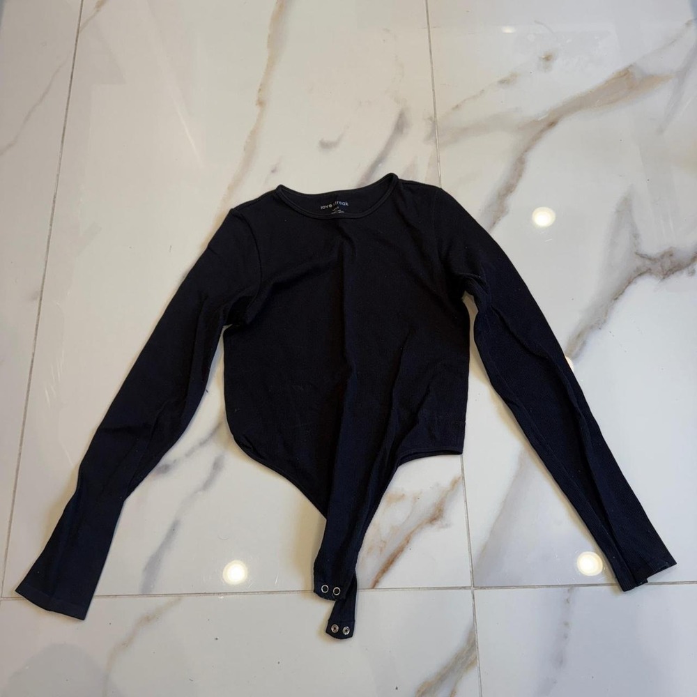 Love Streak Womens Ribbed Long Sleeve Bodysuit Black Crew Neck Large